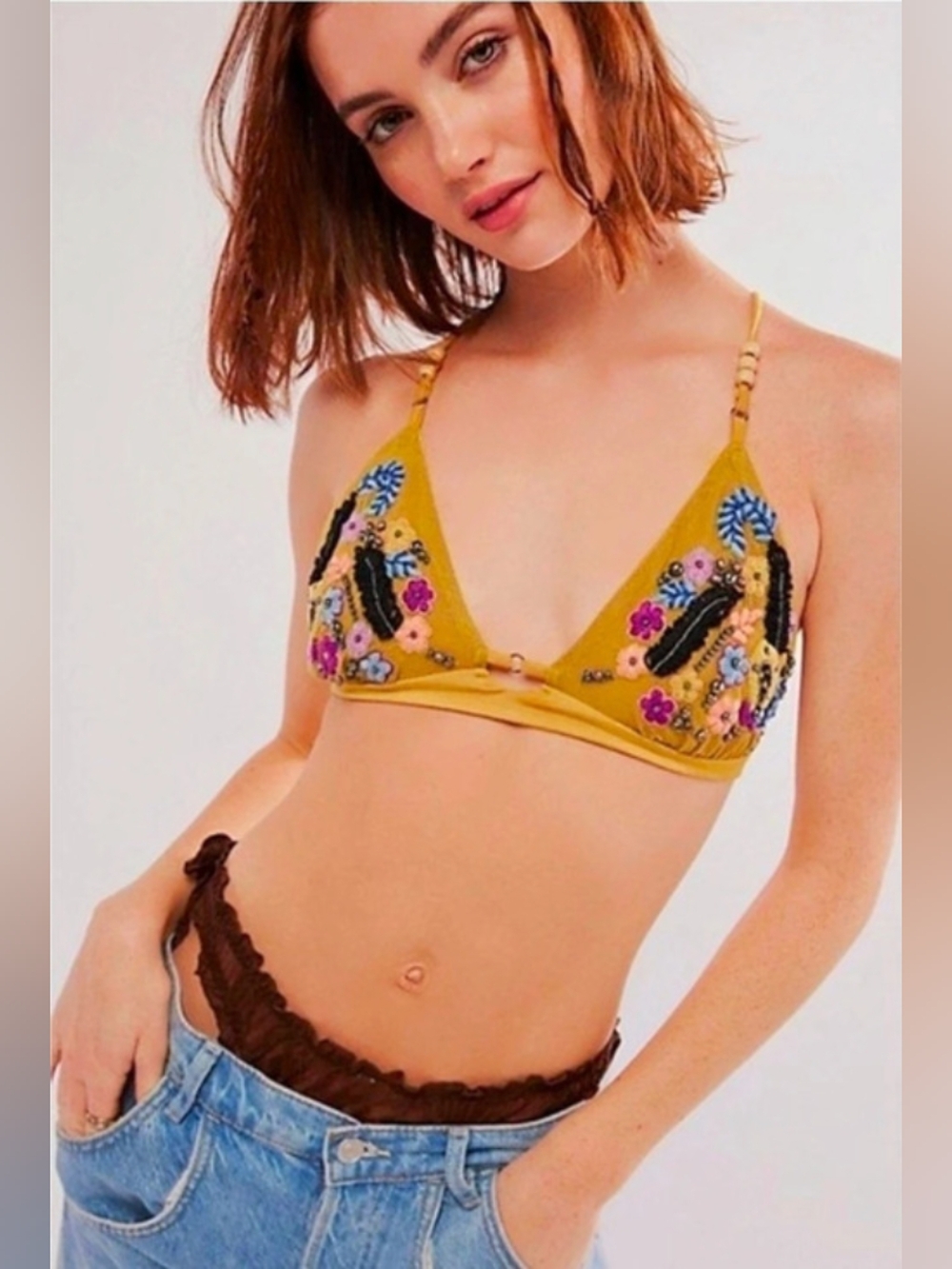 Free People Gold Beaded Embroidered Triangle Embellished Mesh Bralette Small NWT